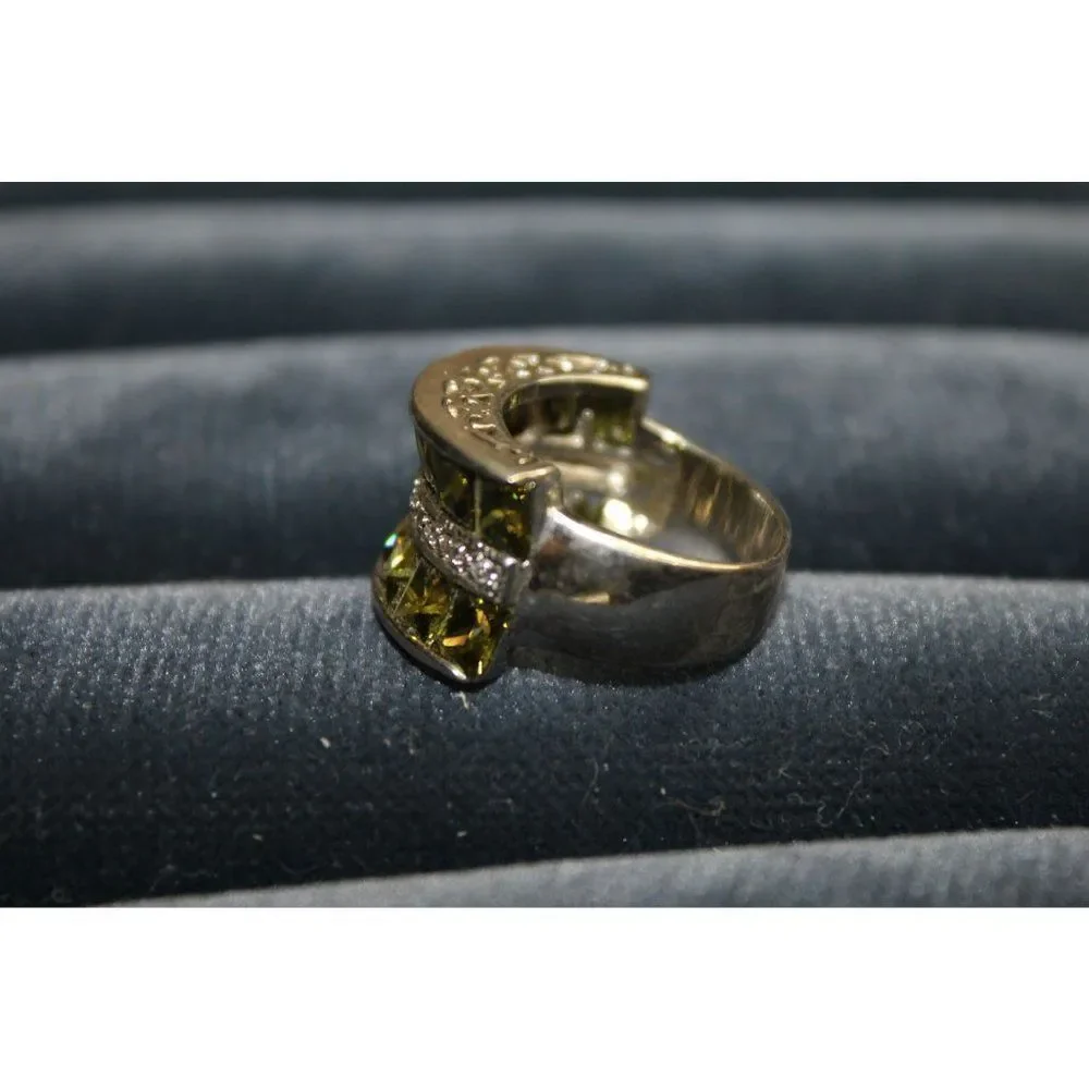 Olive Green Stones Clear Rhinestone Silver‎ Band Fashion Costume Ring Size 7